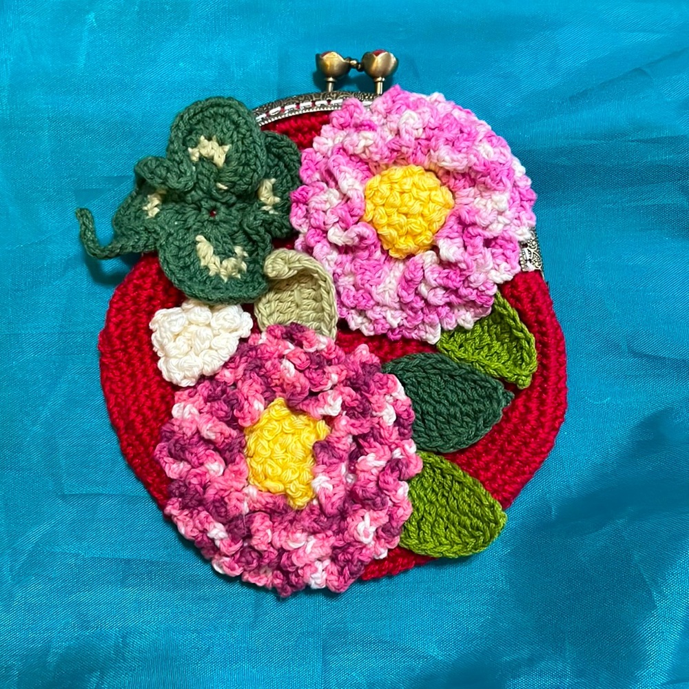 Vintage Handmade Crocheted Floral Purse with Four Leaf Clover and Flowers